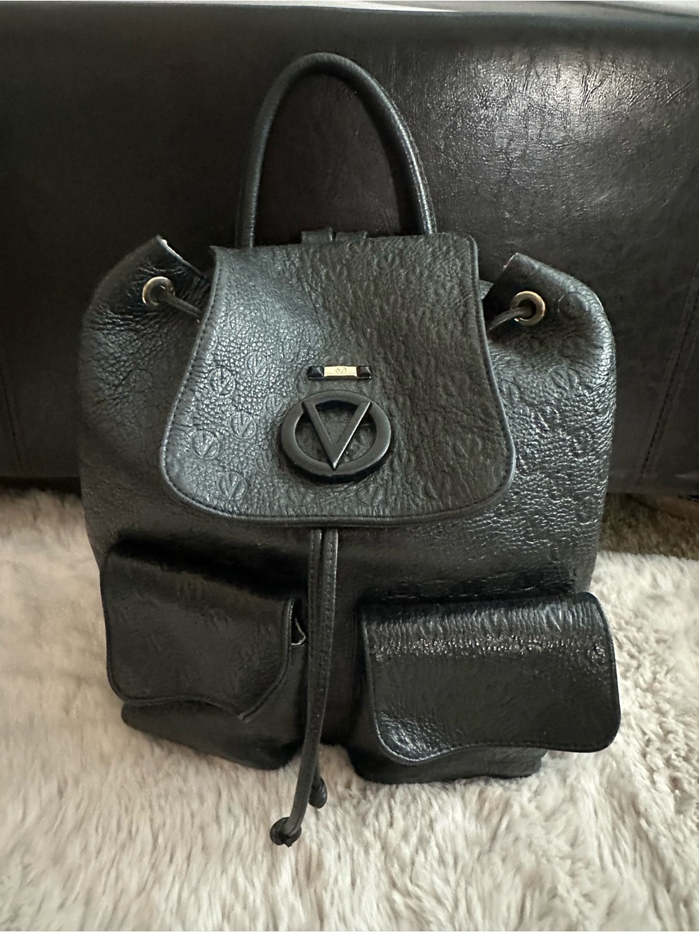 Valentino Black Textured Leather Backpack with V-Logo